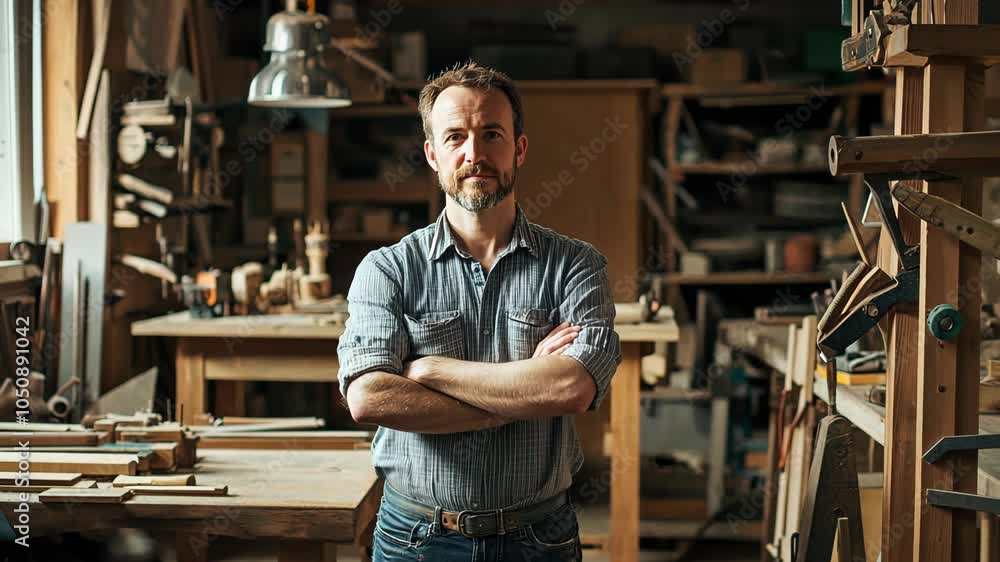 A carpenter stands in his workshop with his arms crossed, looking confident and ready to work on his next project A carpenter stands in his workshop with his arms crossed, looking confident and ready to work on his next project