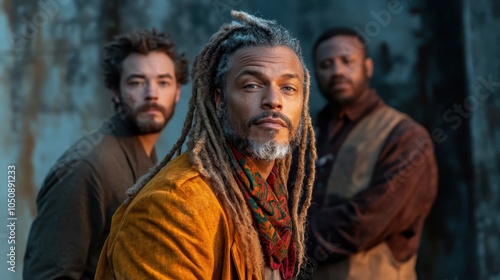 Portrait of three men with varied expressions, symbolizing confidence and unity, against a rustic backdrop. Their attire reflects a modern and bohemian style.
