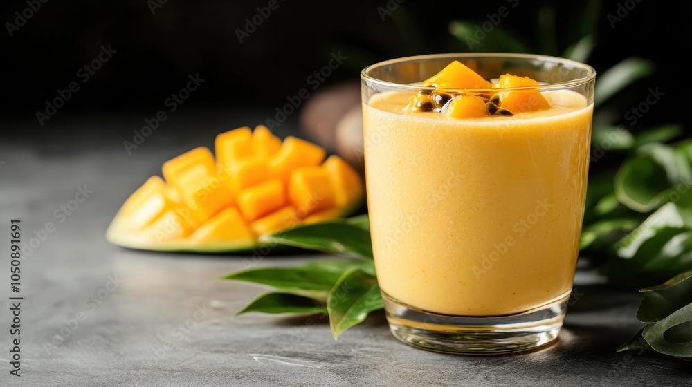 A delicious tropical smoothie made with mango and passionfruit, garnished with fresh cubed mango pieces and leaves. Set against a muted gray background. A delicious tropical smoothie made with mango and passionfruit, garnished with fresh cubed mango pieces and leaves. Set against a muted gray background.