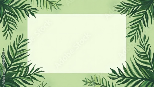 Tropical fern leaves border a pale green background with a blank space