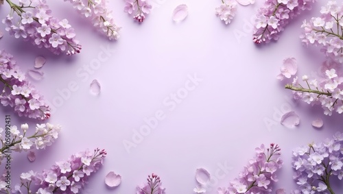 Delicate lilac and wisteria blossoms on pastel purple background