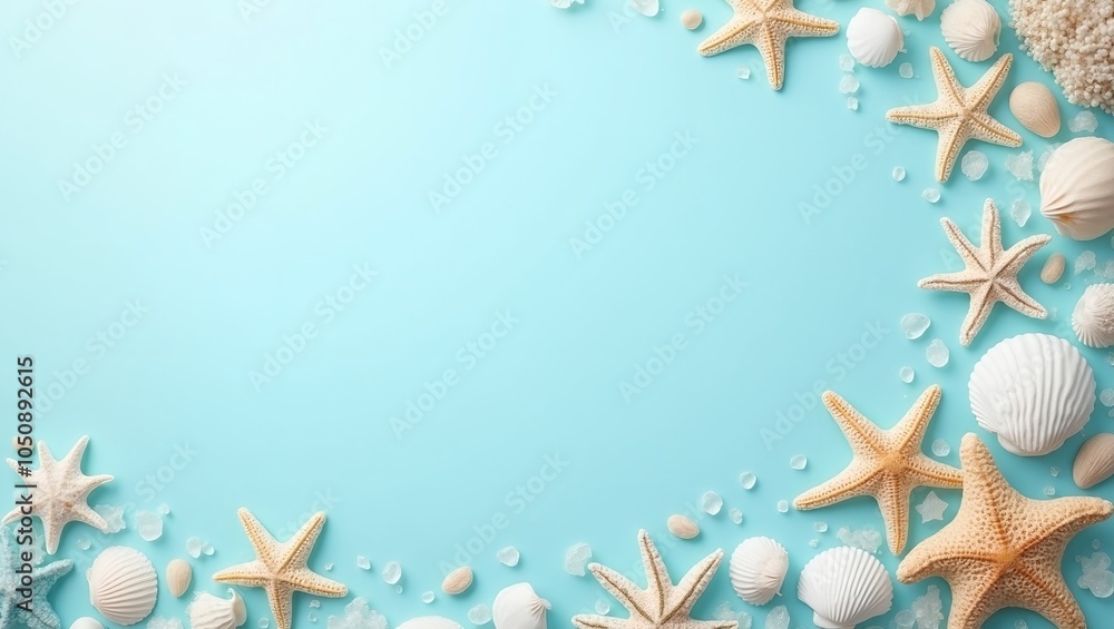 Tranquil beach scene with seashells and starfish on soft blue background Tranquil beach scene with seashells and starfish on soft blue background