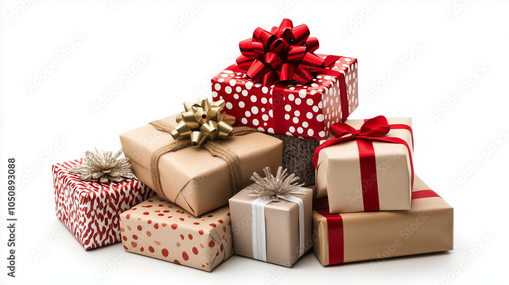 Obraz premium Stack of colorful gift boxes with ribbon, gift box for birthday, wedding, anniversary, party, event, gift guide, retail idea, advertising, Christmas gifts on the white background. AI generation