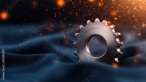 A metallic cylindrical gear sits elegantly on a dark blue fabric background, with golden sparkles illuminating the scene, symbolizing industry and creativity blend.