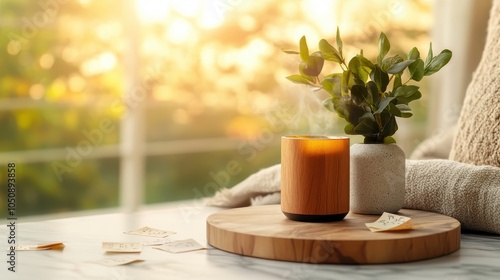 A warm candle and green plant rest on a wooden surface, backlit by sunlit windows, creating a serene, cozy atmosphere perfect for tranquility and relaxation themes. photo