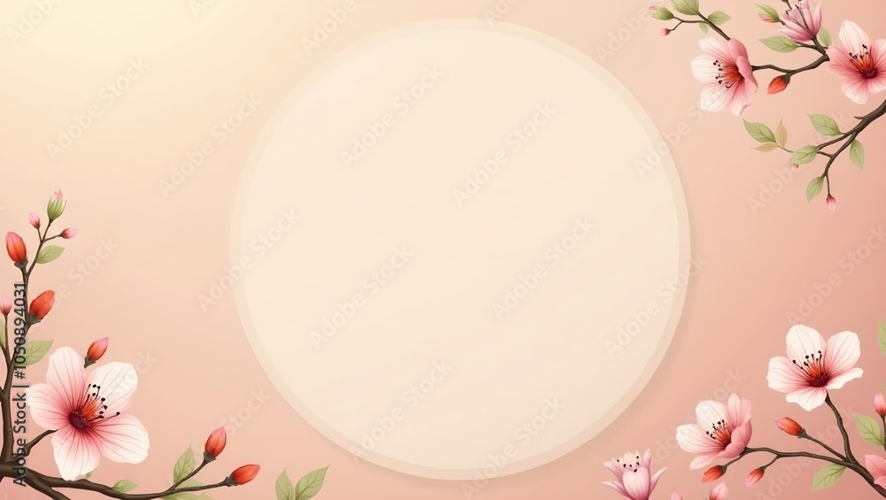 Spring peach backdrop with cherry blossoms and green leaves bordering circular space Spring peach backdrop with cherry blossoms and green leaves bordering circular space