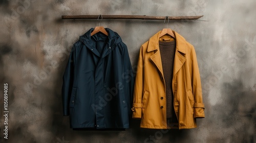 A fashionably arranged display of a navy raincoat and mustard-colored coat hanging on a rustic stick against a patina wall backdrop, hinting at autumn readiness. photo