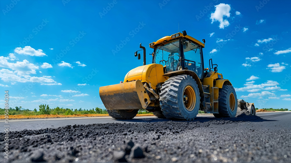 Road Roller Working on New Asphalt Road Construction under Clear Blue Sky Road Roller Working on New Asphalt Road Construction under Clear Blue Sky