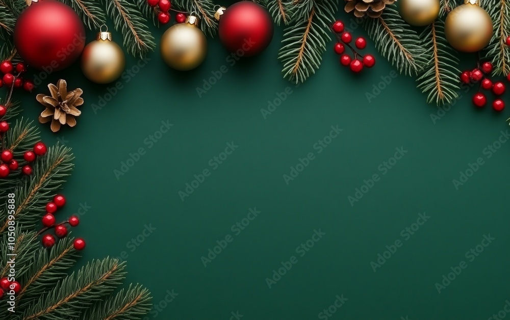 Festive Christmas setting with fir branches adorned with red baubles on a rustic wooden background. Festive Christmas setting with fir branches adorned with red baubles on a rustic wooden background.