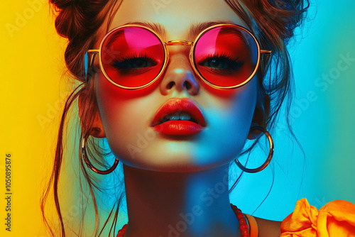 Young and elegant woman with sunglasses, wearing a modern and vibrant style in a night environment.