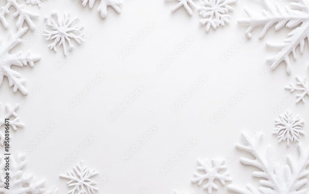 Delicate white snowflakes intricately patterned on a seamless white background, showcasing winter beauty. Delicate white snowflakes intricately patterned on a seamless white background, showcasing winter beauty.