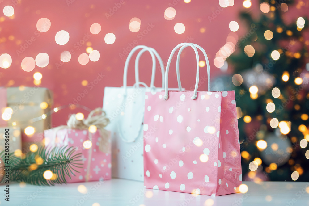 Fototapeta premium Beautiful Christmas sale bags in white and pink, festively decorated with lights and gifts nearby