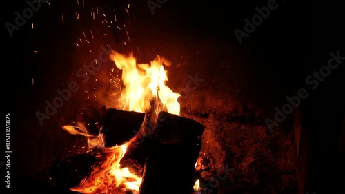 Flames inside an old iron stove. The walls of the stove are sooty and uneven.