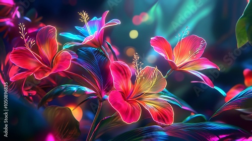 Realistic neon tropical flowers illuminated by surreal glowing holographic moon Image