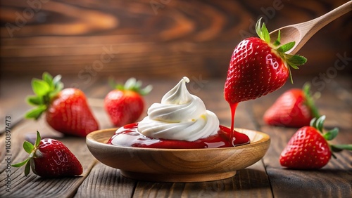 A juicy strawberry sauce drips from a wooden spoon onto a plate of whipped cream, strawberry sauce, dessert
