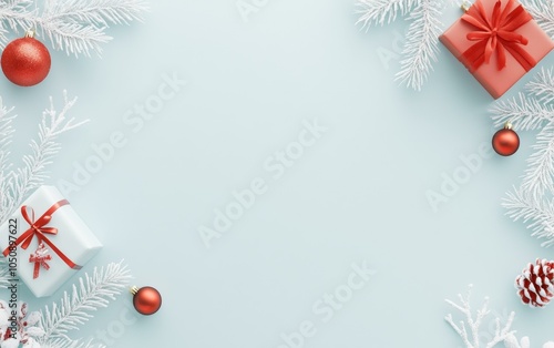 Festive Christmas scene with red ornaments on a snowy white background, evoking holiday spirit. photo