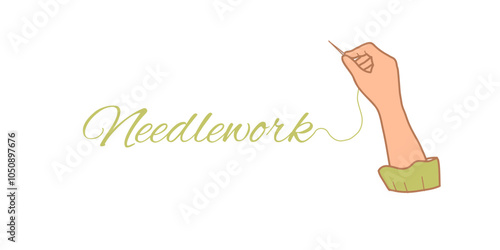Needlework Concept. Embroidering Female Hand holding Needle with Thread isolated on a white background. Hand drawn Vector Illustration in Vintage style. Colored Illustration of Hobby, Sewing and
