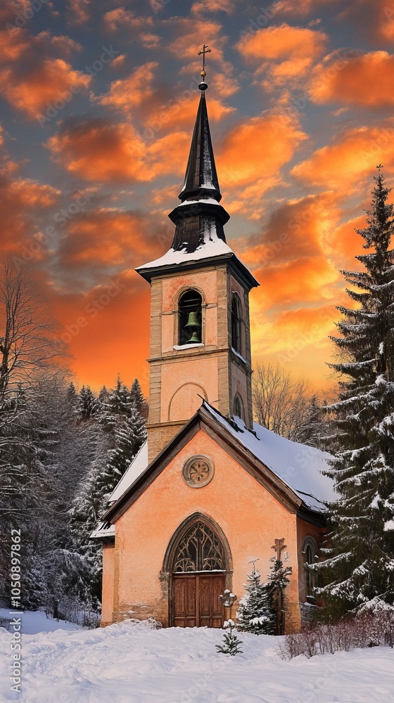 A solitary church surrounded by snow under a dramatic red sky at twilight, creating a serene winter scene. A solitary church surrounded by snow under a dramatic red sky at twilight, creating a serene winter scene.