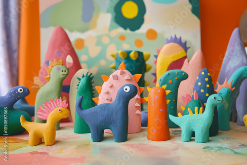 Cute, quirky clay dinosaurs craft project photo