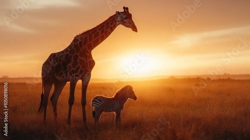 In the glowing light of the golden hour, a giraffe and a young zebra create a striking silhouette against the colorful horizon of the vast African savanna.