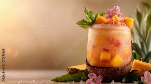 A bright tropical fruit cocktail served in a coconut shell, garnished with mango chunks and pink flowers, captures beachside elegance and lively refreshment. photo