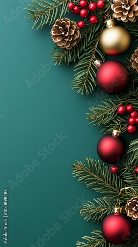 Festive Christmas background featuring lush fir branches adorned with vibrant red ornaments.