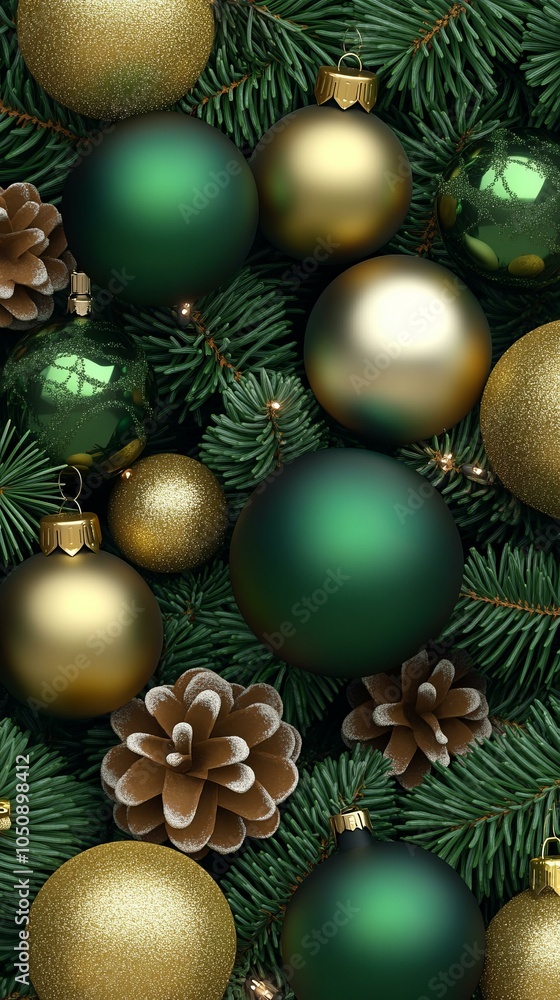 Festive Christmas pattern featuring red and gold baubles with green fir branches on a seamless background. Festive Christmas pattern featuring red and gold baubles with green fir branches on a seamless background.