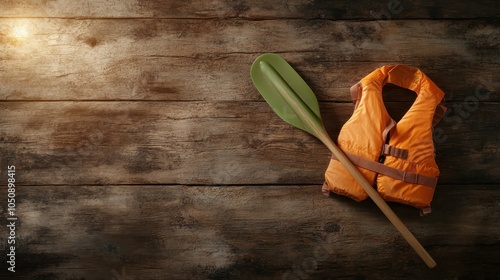 An orange life jacket and a green paddle are placed on a rustic wooden background, evoking a sense of adventure and outdoor exploration in water sports activities. photo