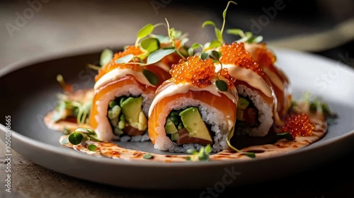 Delicate sushi rolls are filled with vegetables and topped with salmon slices and roe, dressed with a sauce and garnished with fresh herbs, arranged neatly on a plate. photo