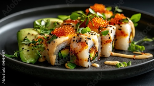 Elegant sushi rolls lined with fresh cucumber and avocado, topped with herbs and salmon roe, artistically arranged and splashed with a savory sauce. photo