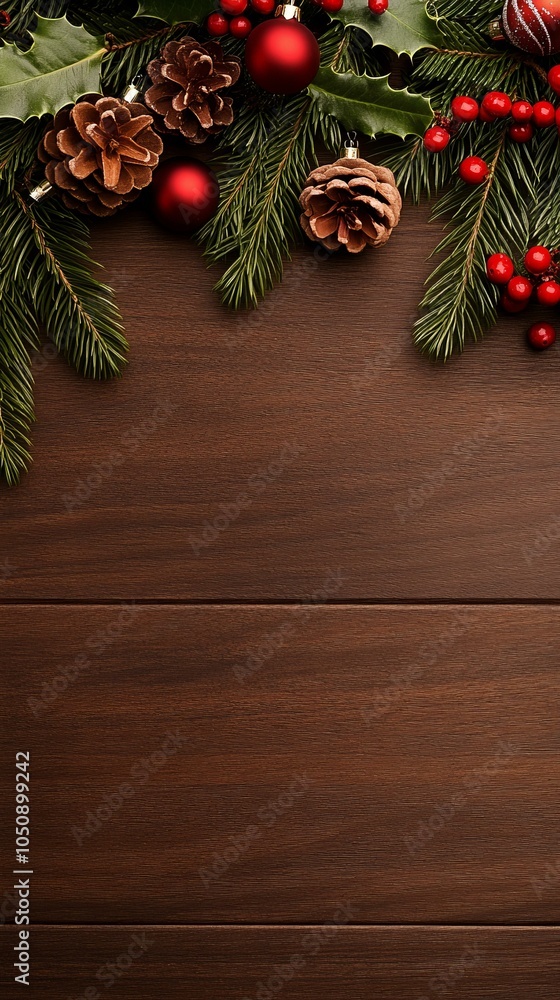 Fototapeta premium A festive Christmas tree adorned with red and green ornaments, set in a cozy living room atmosphere.