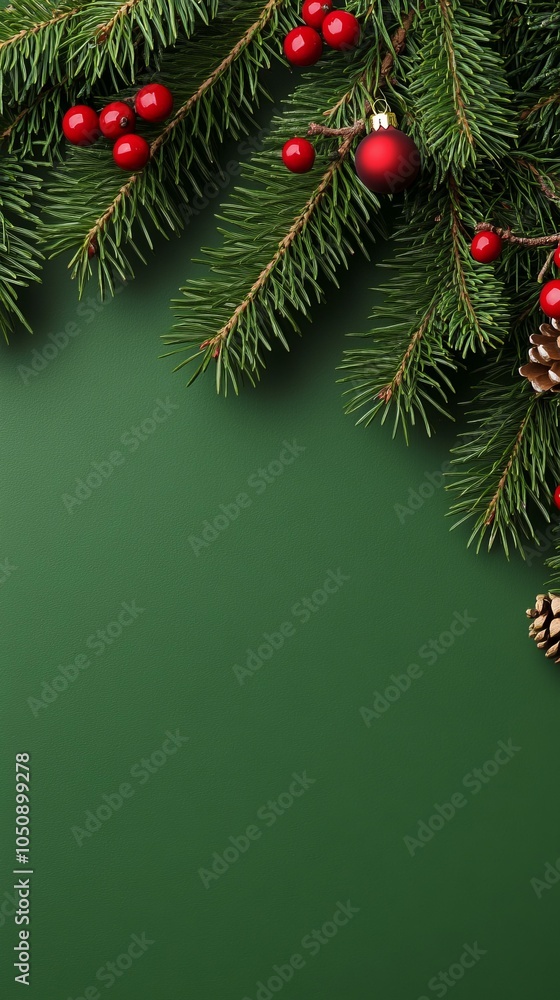 Festive Christmas tree branches adorned with red berries and pine cones on a vibrant green background. Festive Christmas tree branches adorned with red berries and pine cones on a vibrant green background.