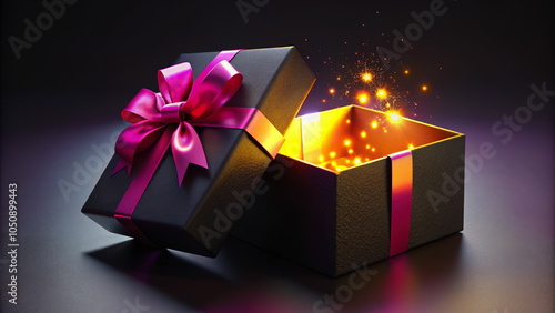 Magical gift box with glowing light and pink bow photo