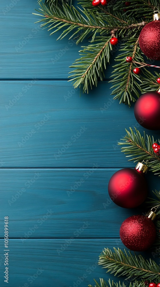 Festive Christmas tree branches adorned with red ornaments on a rustic blue wooden background. Festive Christmas tree branches adorned with red ornaments on a rustic blue wooden background.