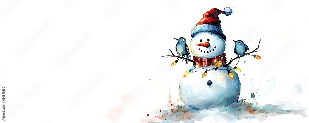 snowman holding birds on his hands tree branch decorated with colorful garland lights, watercolor illustration, magic winter, friends, whimsical kids holiday wallpaper, card witn copy space, xmas snowman holding birds on his hands tree branch decorated with colorful garland lights, watercolor illustration, magic winter, friends, whimsical kids holiday wallpaper, card witn copy space, xmas
