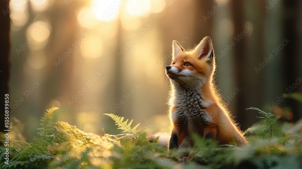 Obraz premium A curious young fox sits in a sunlit forest, surrounded by lush foliage and dappled sunlight, evoking a serene and picturesque natural scene.