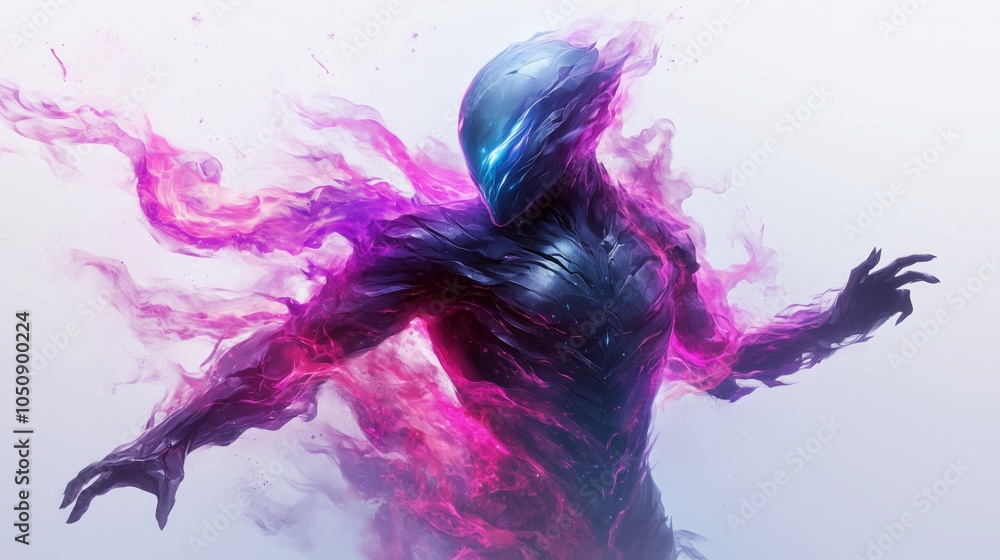 Obraz premium Dynamic abstract creature with purple and pink energy aura, featuring a sleek, armored body and intense, otherworldly atmosphere. Ideal for fantasy or sci-fi themes.