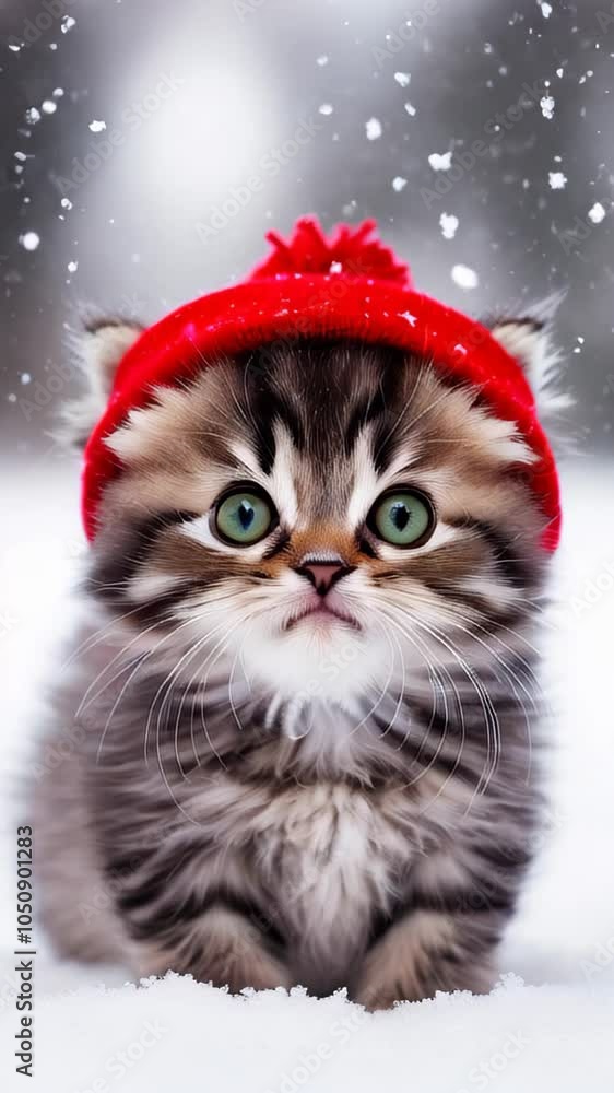 Portrait of a cute Christmas kitten in a red knitted hat under the snow Portrait of a cute Christmas kitten in a red knitted hat under the snow