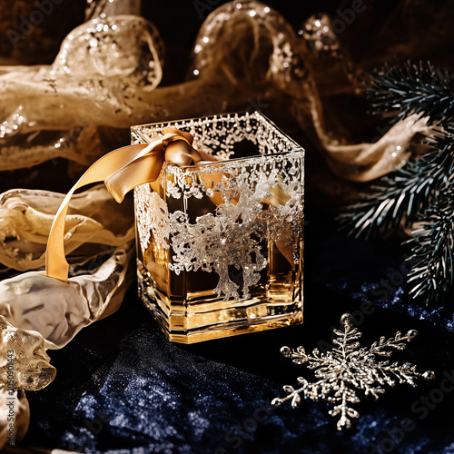  An image of an elegant New Year’s gift in gold and white tones, with emphasis on festive decor and detailed accents. The gift box is wrapped in shimmering paper with a golden ribbon and a small embel photo