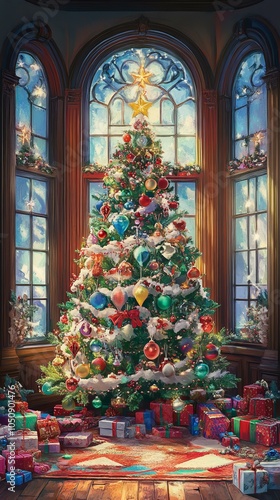 Wallpaper Mural A decorated Christmas tree with wrapped gifts beneath, set in front of a large window with snowy view. Torontodigital.ca