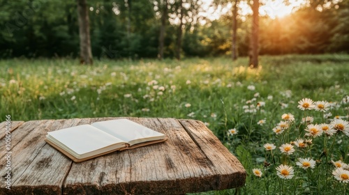 An open book sits on wooden surface amid a meadow of daisies, touched by warm sunlight, capturing a moment of tranquility and contemplative beauty. photo