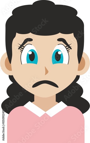 Japanese manga style illustration of a sad face young adult girl front view. Anime style image isolated on white background