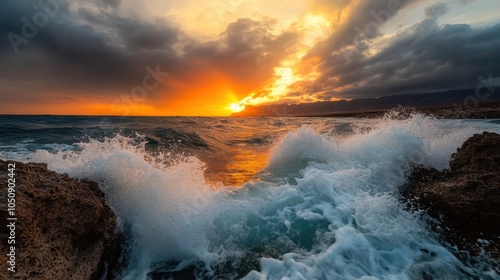 Fierce ocean waves crash against rocky shores at sunset, radiating warmth and light across the horizon in a brilliant display of nature's beauty and power.