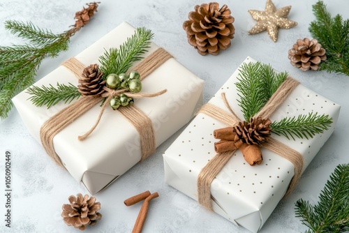 Two white gift boxes wrapped in twine with pine cones on a rustic wooden surface.