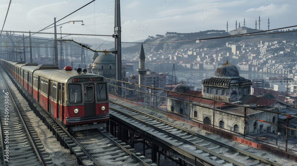 Historic tram crossing a bridge with a scenic view of an old city and prominent mosques in the background Historic tram crossing a bridge with a scenic view of an old city and prominent mosques in the background