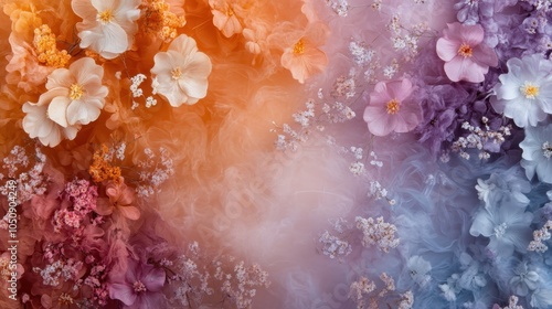 An enchanting blend of colorful blossoms gently merging with ethereal mist creates a dreamlike composition, balancing vivid expressions with artistic wonder. photo