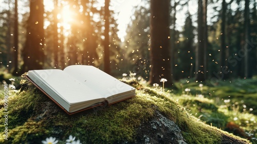 An open book laying on moss, in a forest, surrounded by golden ambient sparkles, creating a whimsical, mysterious and inspiring atmosphere of tranquility and magic. photo