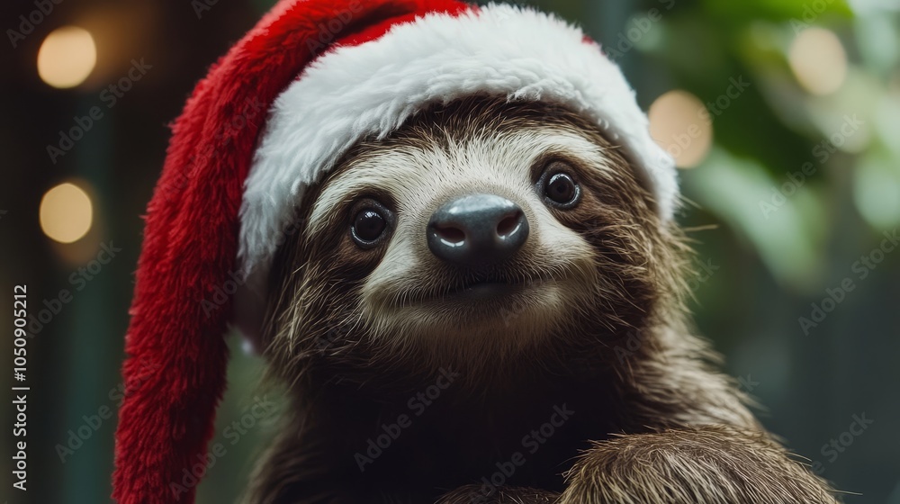 Naklejka premium Sloth wearing Santa hat. Christmas animal background