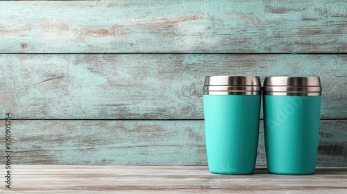 Two identical turquoise travel mugs with stainless steel lids sit on a rustic wooden table, perfect for adventures and morning coffee lovers. photo