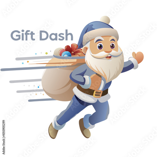 Santa in blue suit running with gifts in "Gift Dash" text